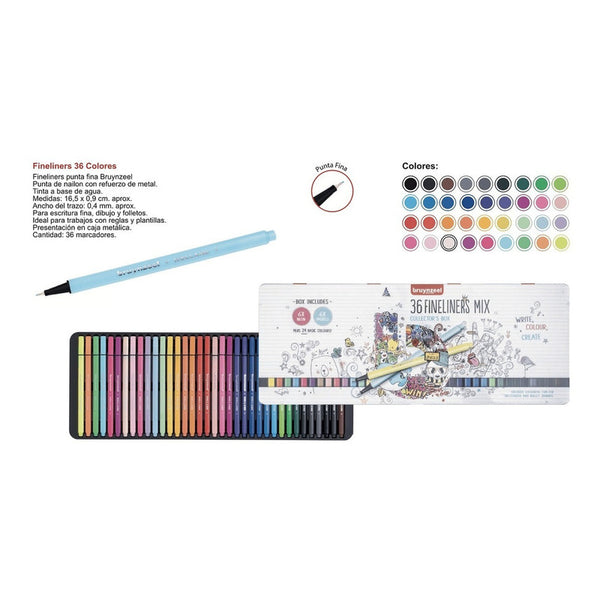 Bruynzeel Fineliner Mix 36 Colores - Caja Metal Color Del Trazo Multicolor